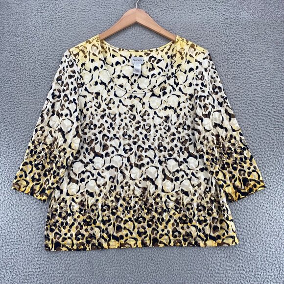 Chicos Top Womens 3 US Extra Large Yellow Brown Animal Print 3/4 Sleeve Pullover - Picture 1 of 11